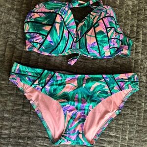 Shade & Shore Green and Pink Leaf Bikini